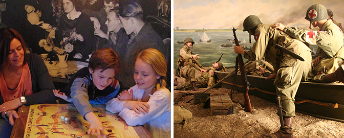 Kinderen actief in het museum en een beeld van de tweede weredoorlog